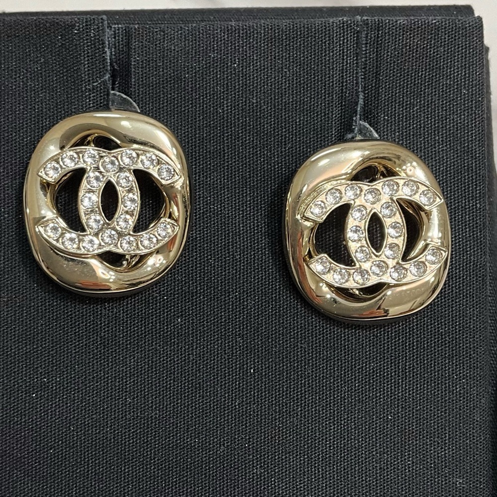 Chanel CC Crystal Logo Gold Statement Earrings Large